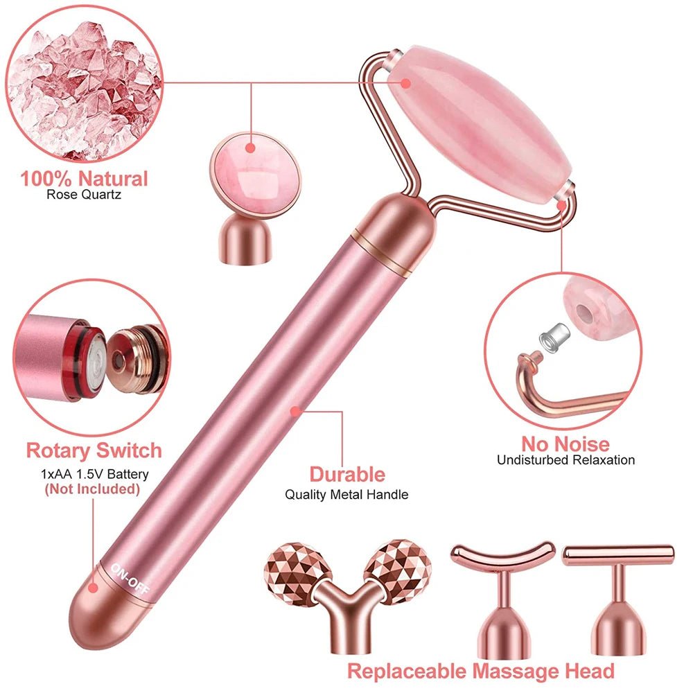 5 - in - 1 Electric Vibrating Crystal Beauty Massager Gua Sha Jade Roller for Face Lifting. - Tru Tulip